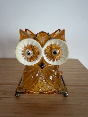Vintage Amber Resin and Metal Owl Napkin / Letter Holder 70's Kitsch
